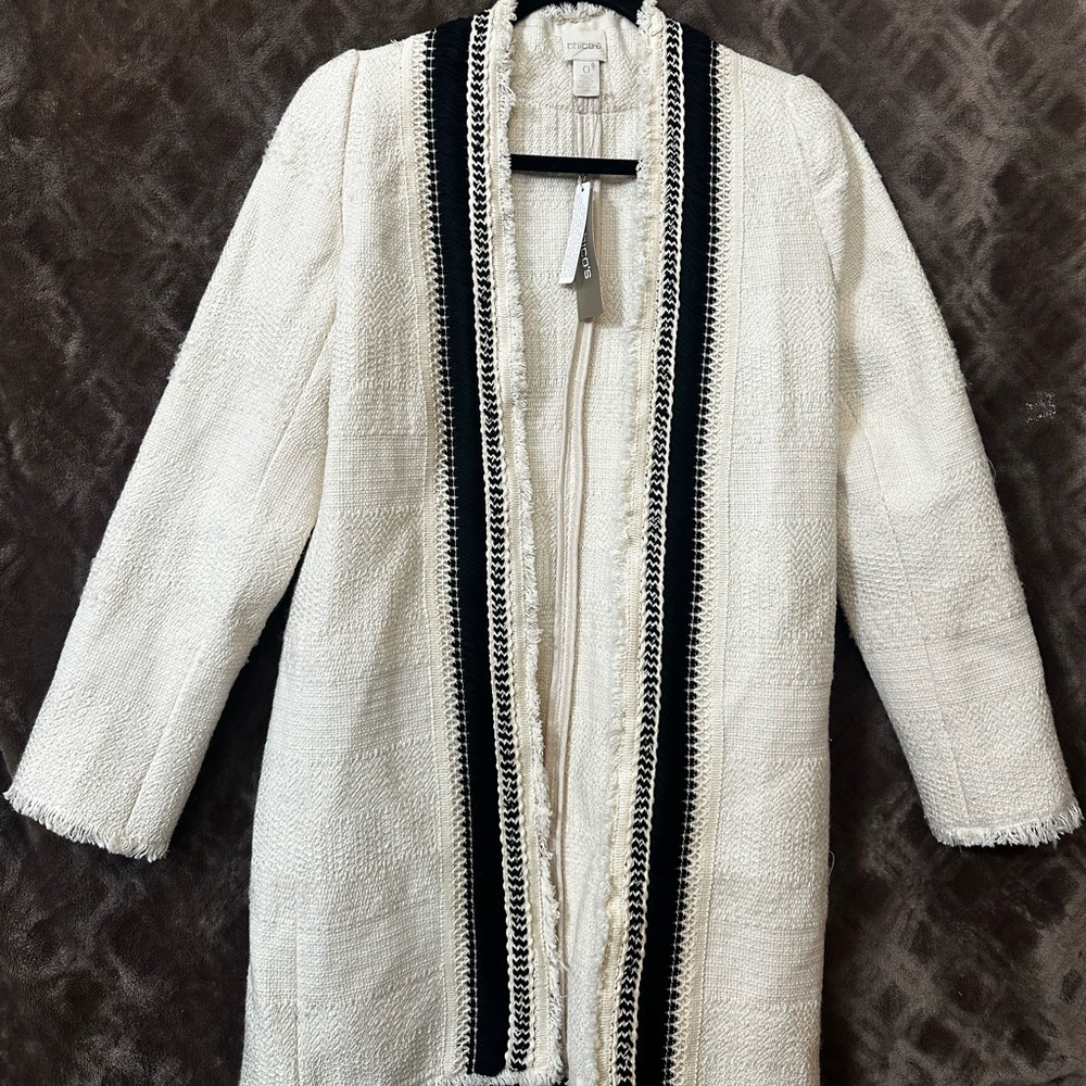 Chico's Cream Textured Jacket with Black Accents
